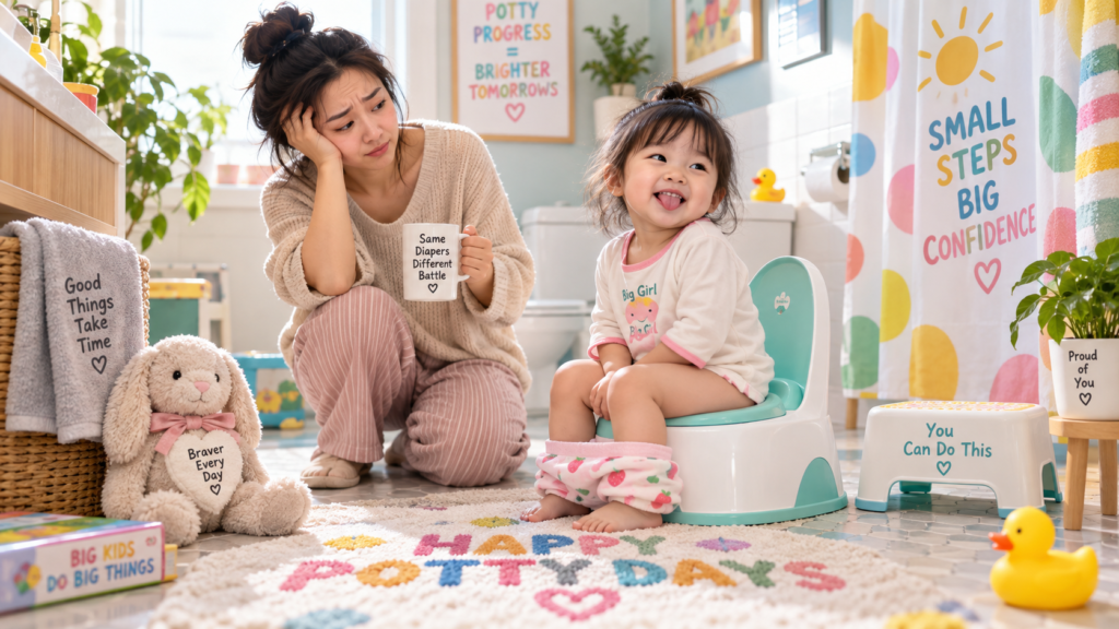 Mom looking tired while kneeling beside a smiling toddler girl sitting on a potty in a colorful bathroom