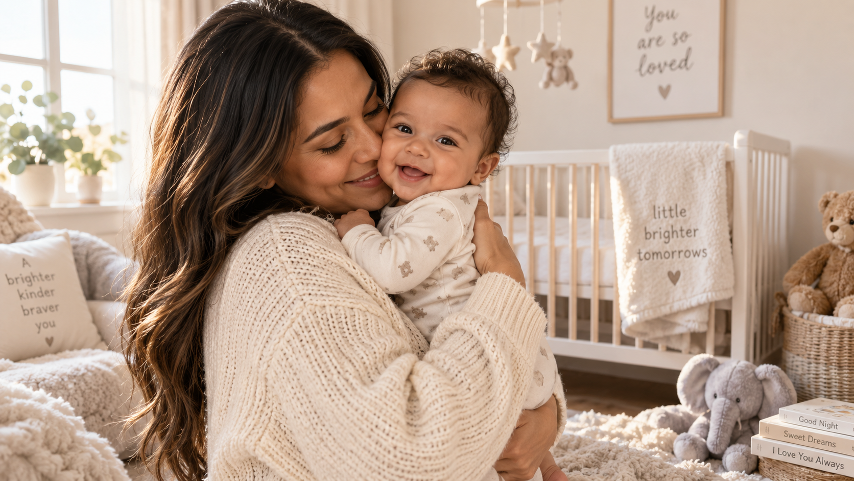 Mother smiling and kissing the cheek of a laughing curly-haired baby, holding them in a warm, sunlit nursery
