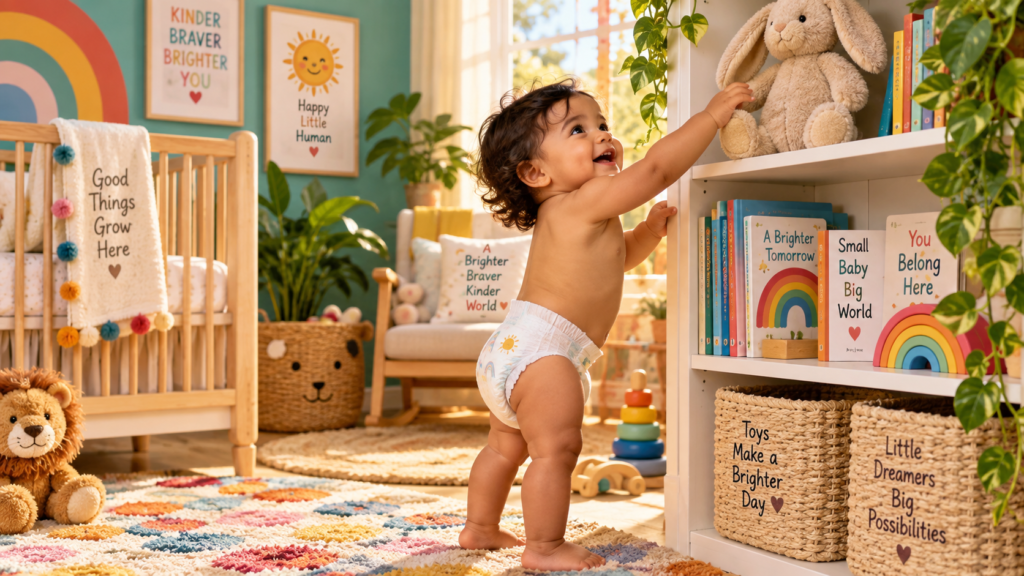 Toddler in a diaper standing at a white bookshelf reaching for a stuffed bunny in a bright, rainbow-themed nursery