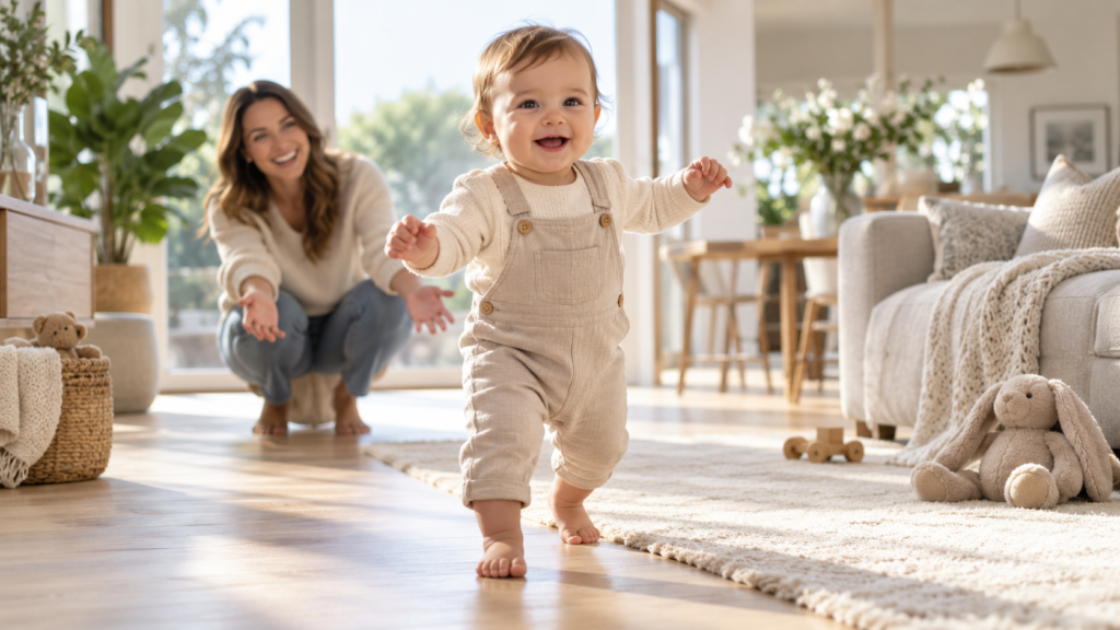 Toddler in overalls walking with arms outstretched toward mom, who is crouched down cheering in a bright living room